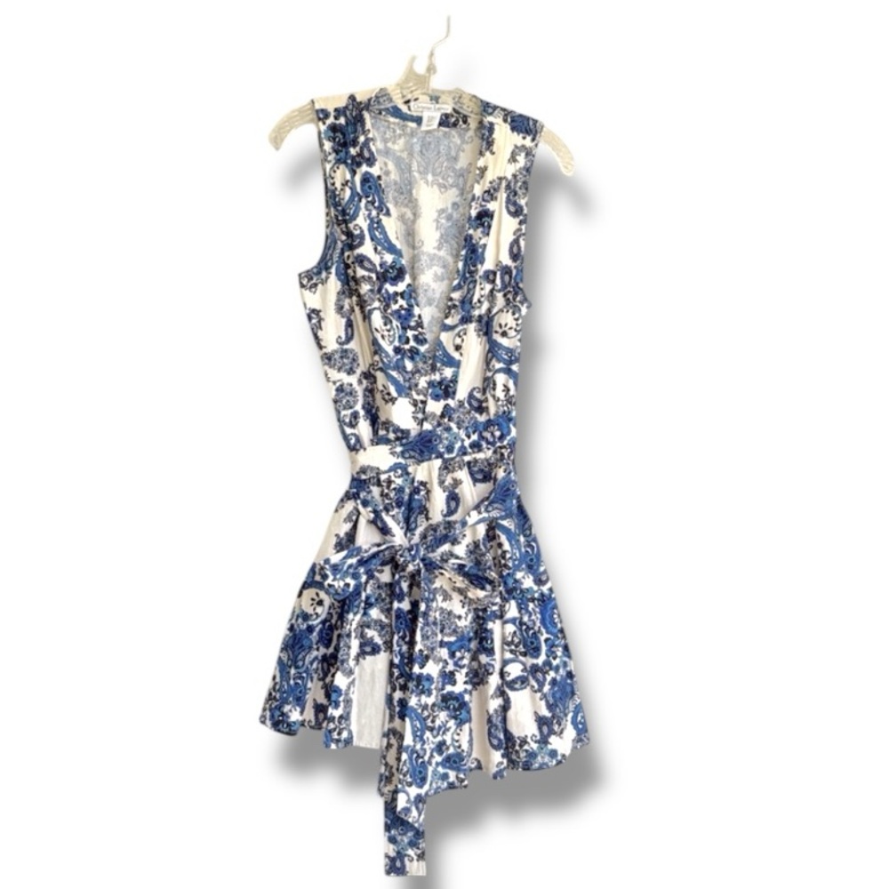 Christian LaCroix Blue/White Floral Linen Sleeveless Mini Wrap Dress Medium - Picture 6 of 14
